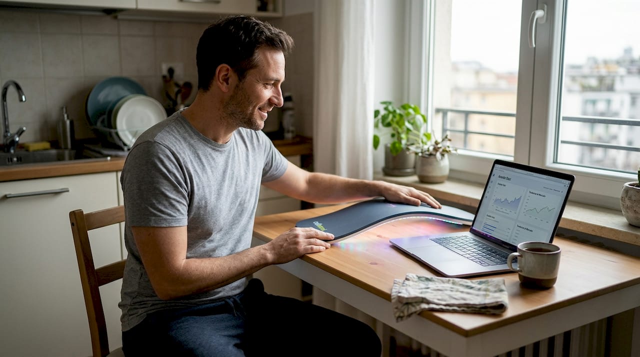 Un uomo si prende cura della propria pelle utilizzando un dispositivo per la fototerapia LED comodamente a casa.