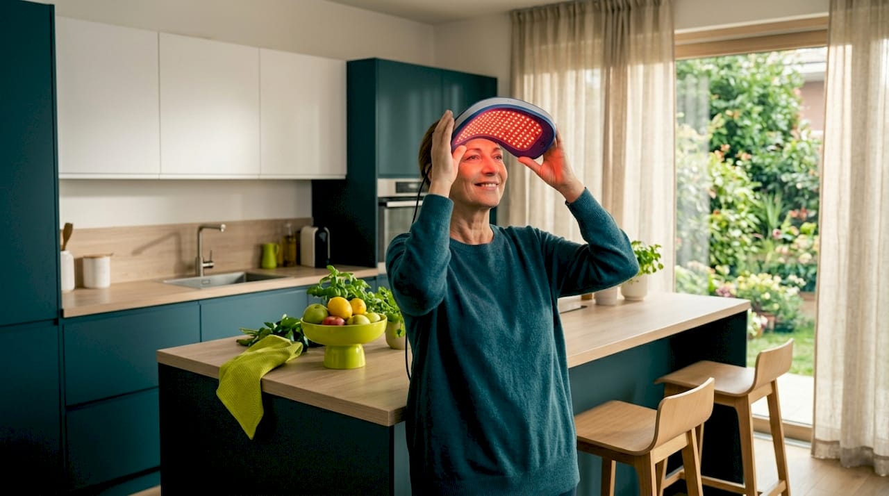 Una donna si rilassa in salotto mentre utilizza un dispositivo per la fototerapia.