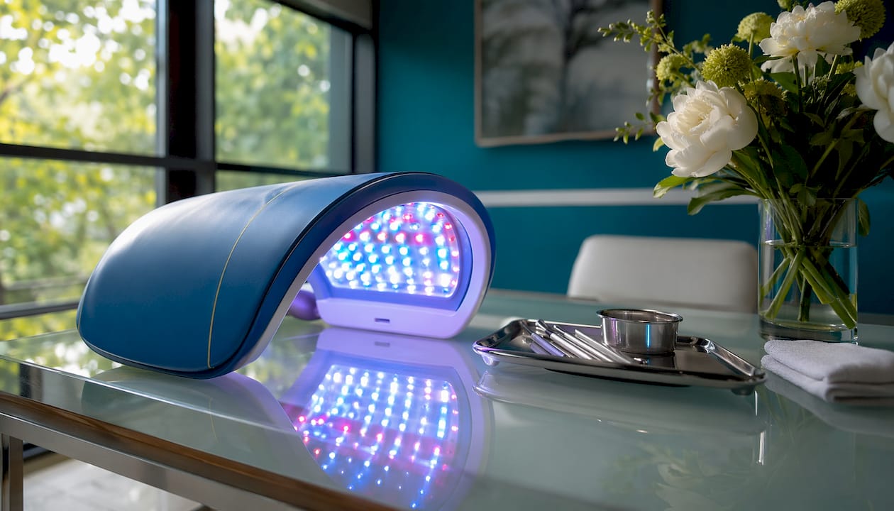 Dispositivo LED Celluma per fototerapia, posizionato su lettino professionale